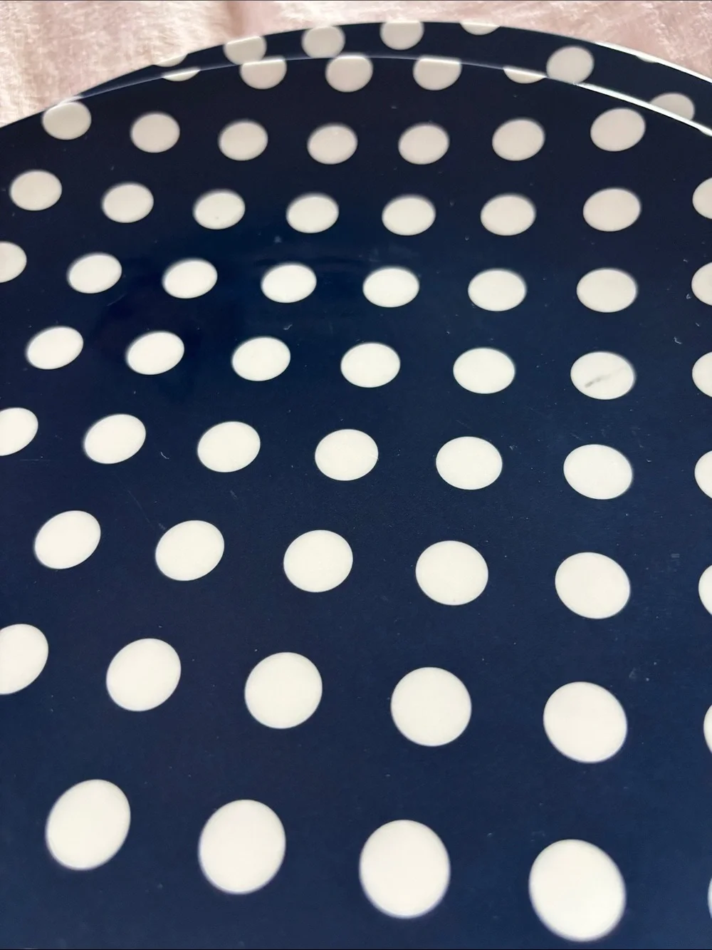 2 Kate Spade Melamine NOT plastic Navy Blue Polka Dot Dinner Plates White Dots